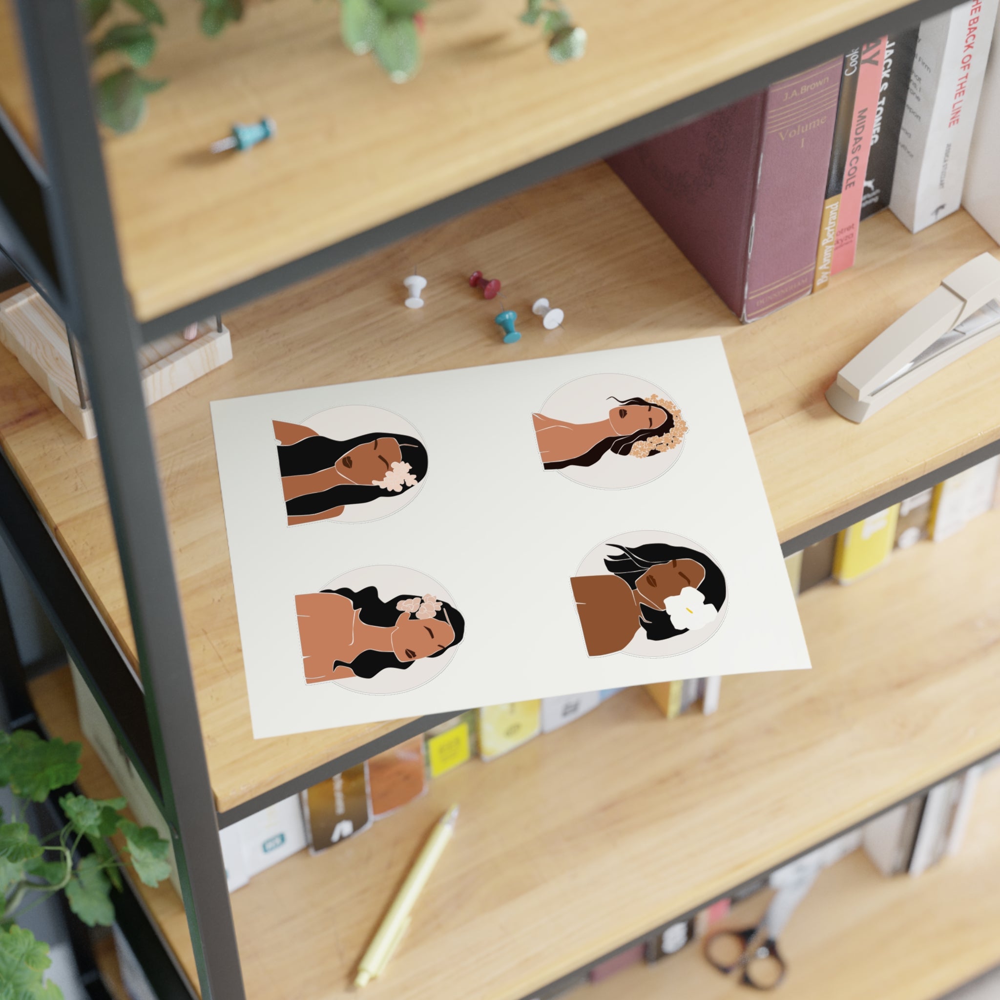 Set of four Hawaiian Wahine stickers by Printify in white or transparent, featuring colorful tropical wahine images.