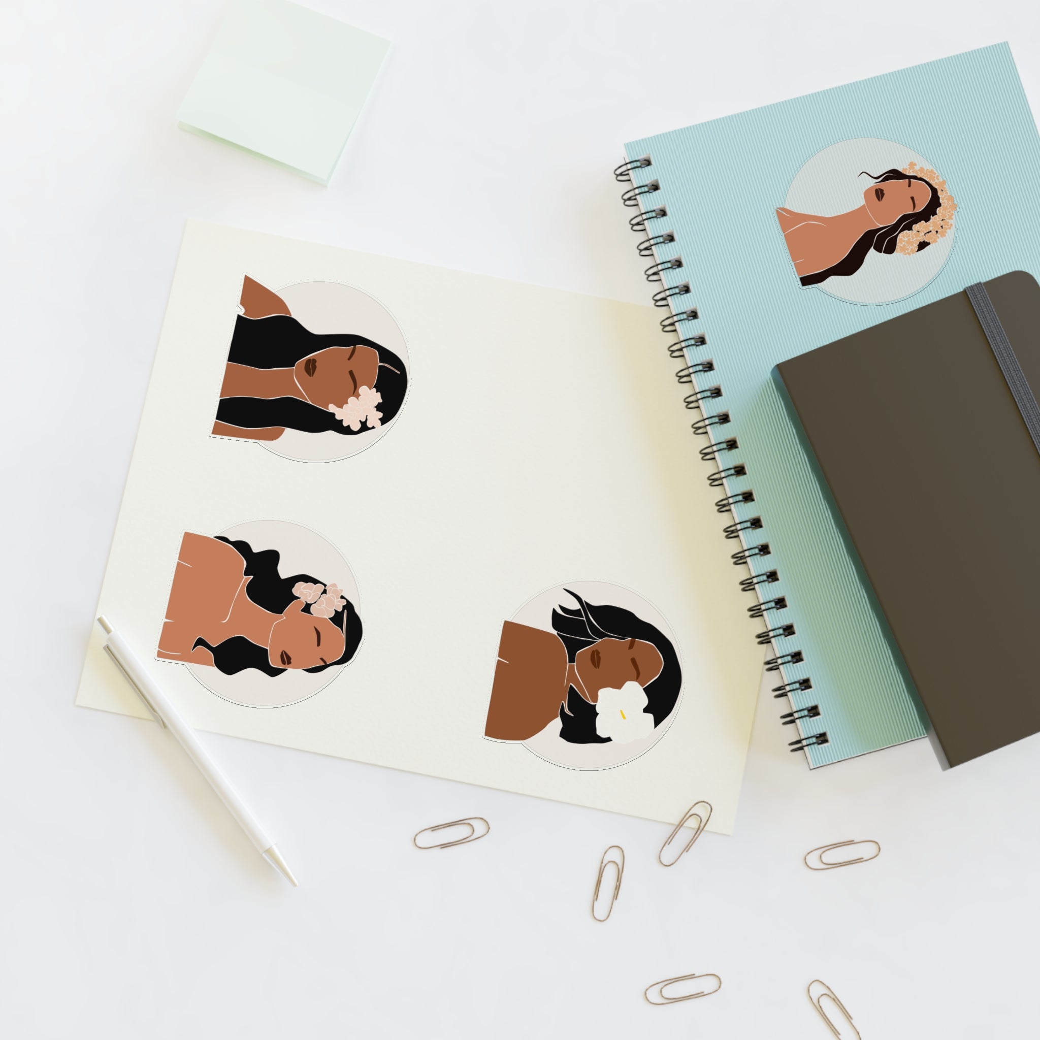 Set of four Hawaiian Wahine stickers by Printify featuring white and transparent designs, showcasing vibrant tropical female figures.
