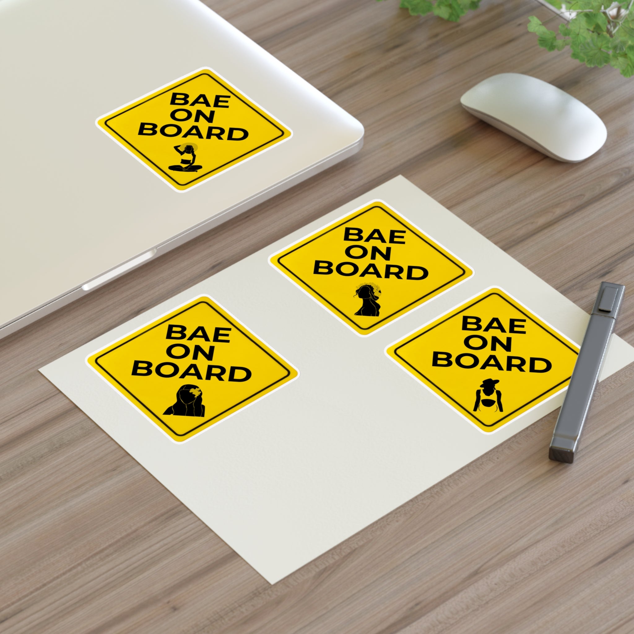 Set of four Bae on Board Hawaiian stickers in white or transparent, featuring colorful tropical designs for decorating or labeling.