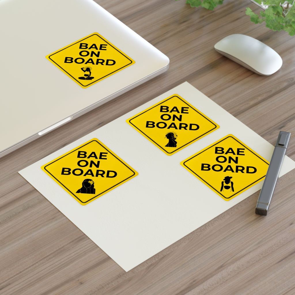 Set of four Bae on Board Hawaiian stickers in white or transparent, featuring tropical design and playful text for decorating.