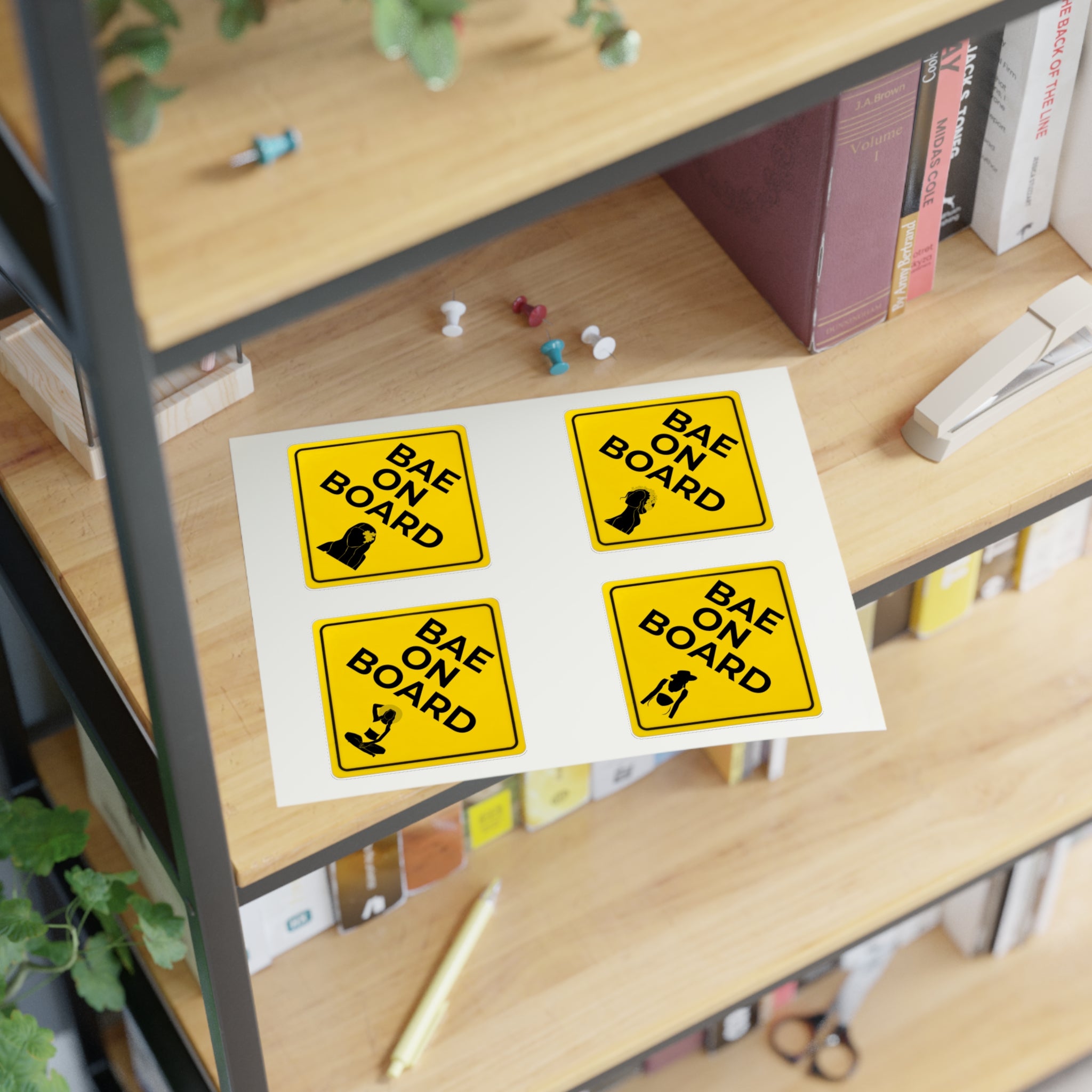 Set of four Bae on Board Hawaiian stickers in white or transparent, featuring colorful tropical designs by Printify.