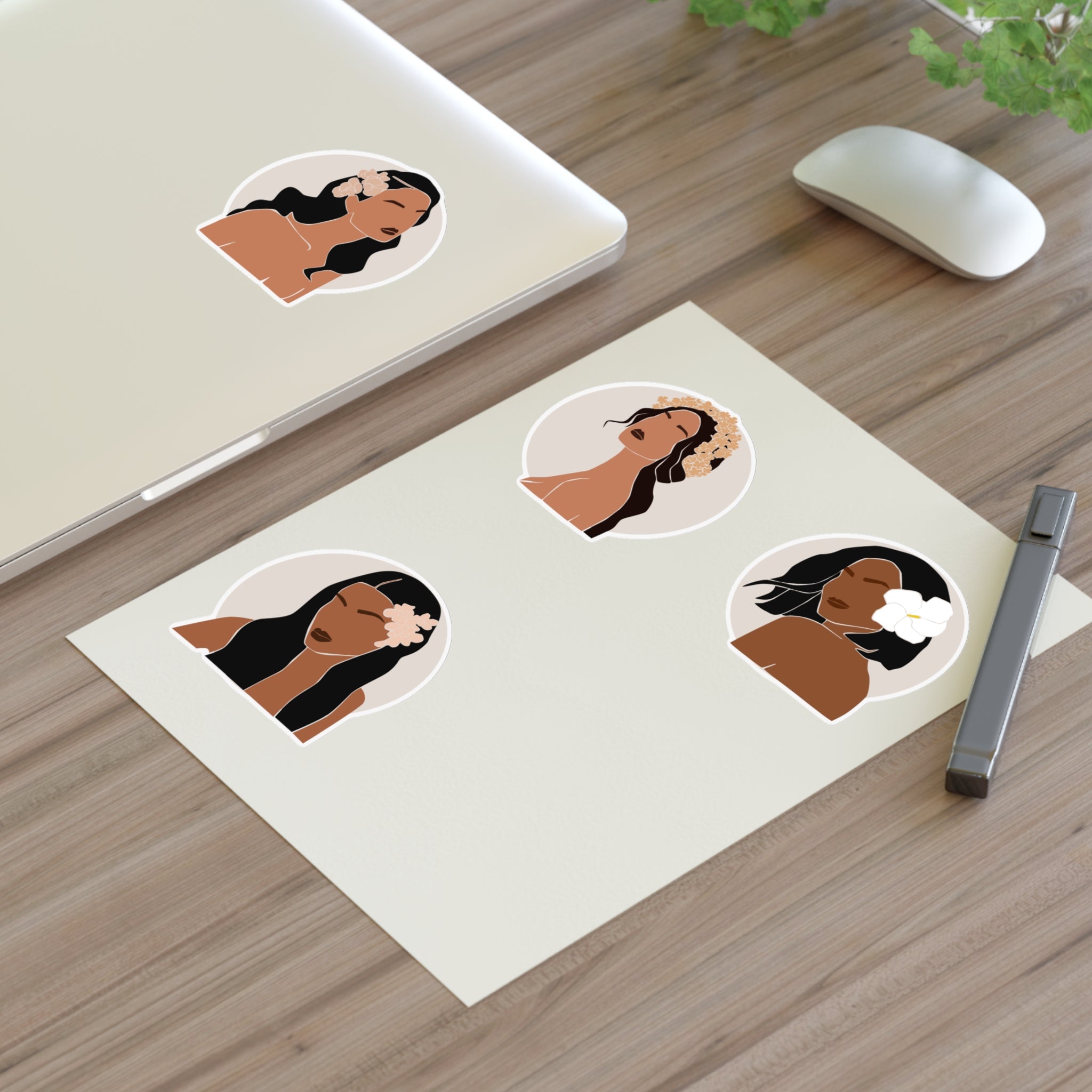 Set of four Hawaiian Wahine stickers in white or transparent, featuring tropical female designs by Printify.