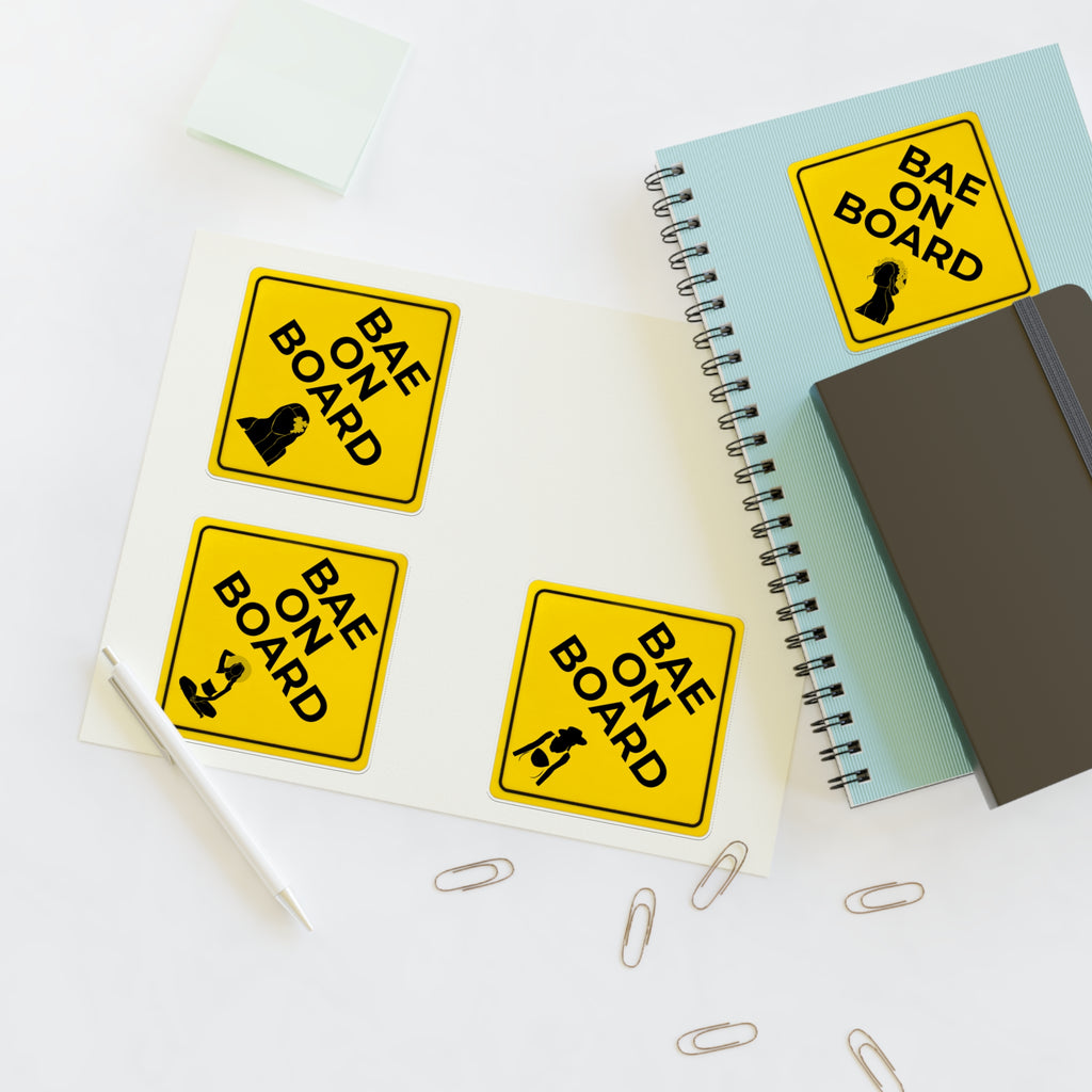 Set of four Bae on Board Hawaiian stickers from Printify, featuring colorful tropical designs on white or transparent background.