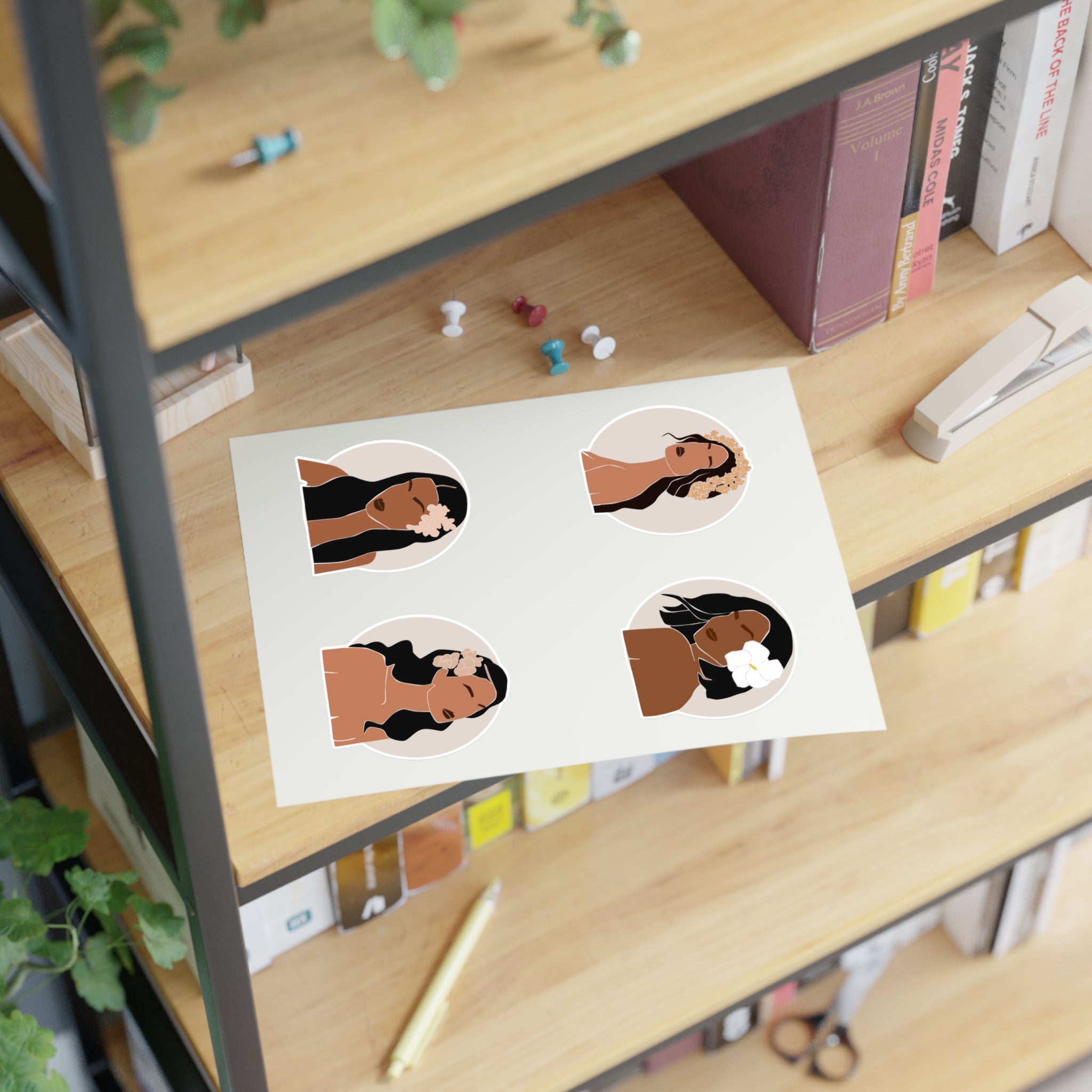 Set of four Hawaiian Wahine stickers from Printify, featuring vibrant designs on white or transparent background.