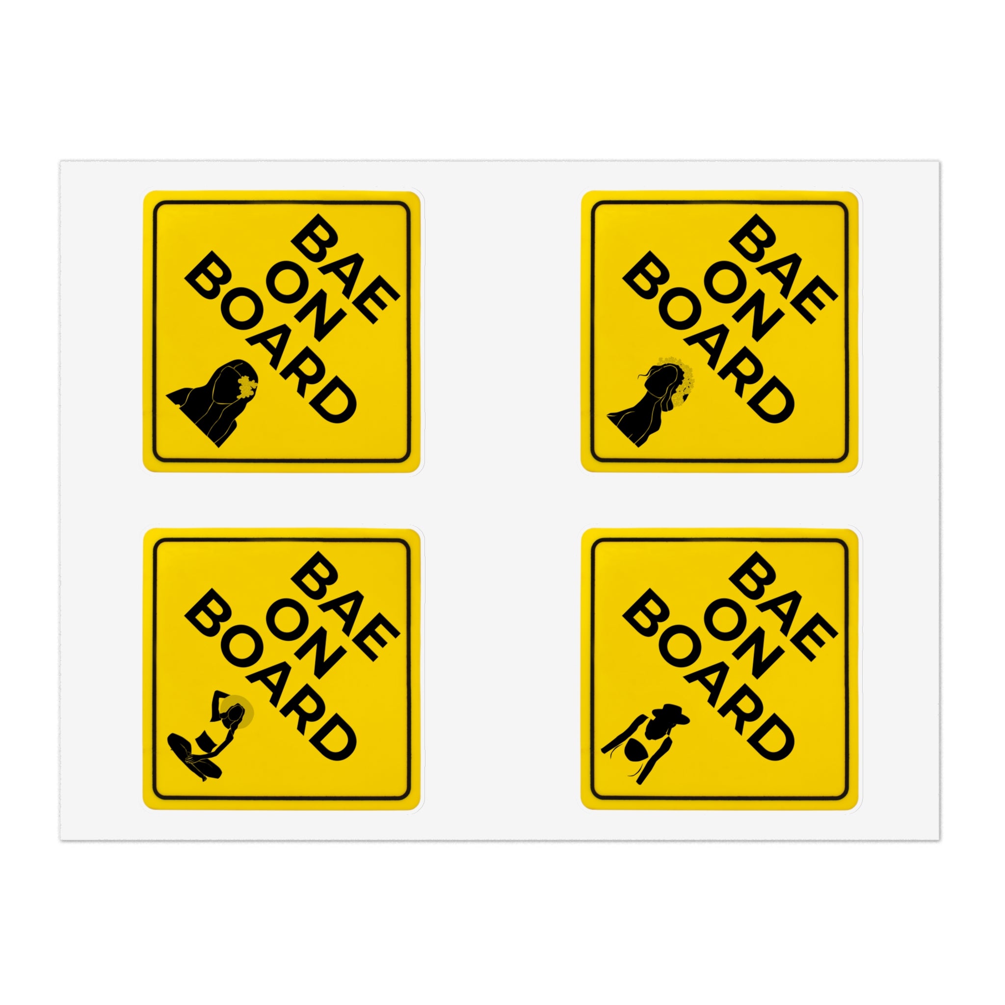 Set of four Bae on Board Hawaiian stickers from Printify, featuring colorful tropical design on white or transparent backgrounds.