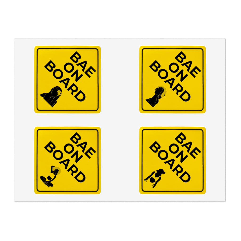 Set of four Bae on Board Hawaiian stickers in white or transparent, featuring colorful tropical design and playful text.