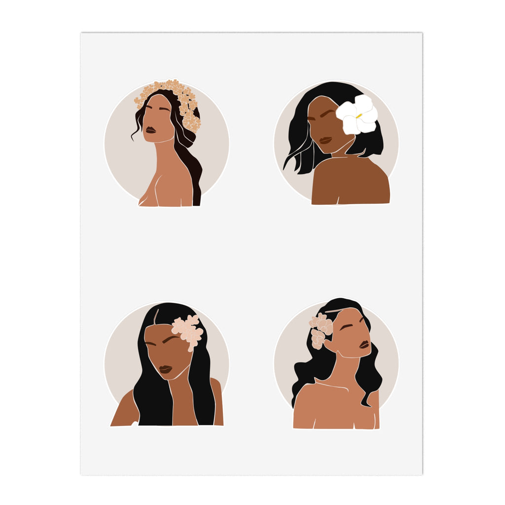 Set of four Hawaiian Wahine stickers in white or transparent, featuring colorful tropical wahine designs by Printify.