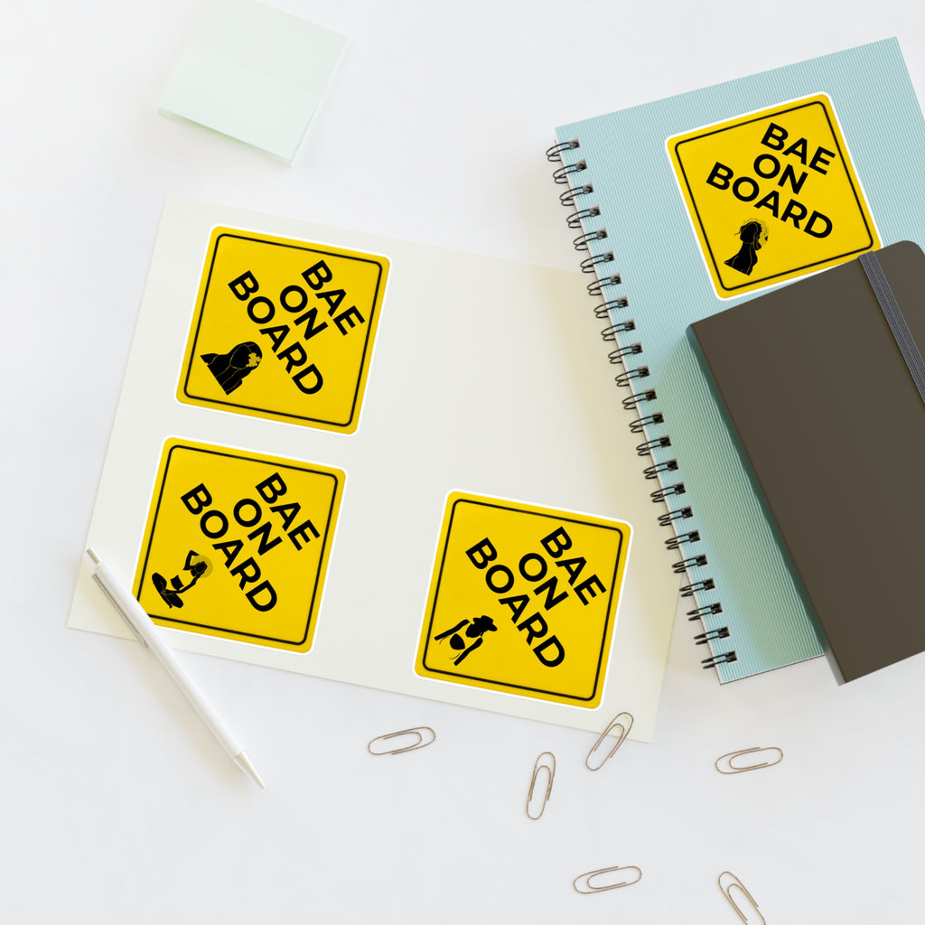 Set of four Bae on Board Hawaiian stickers from Printify in white or transparent, featuring colorful tropical designs.