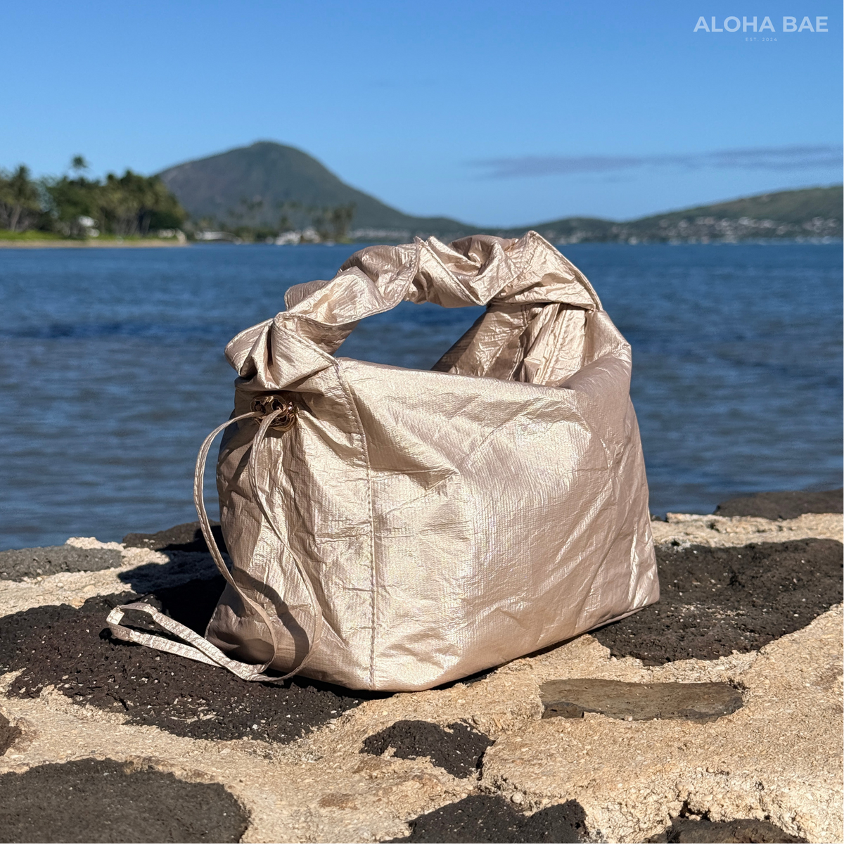 Aloha Bae Champagne hobo bag with soft leather, adjustable strap, and minimalist design, featuring a sleek, neutral-tone finish.