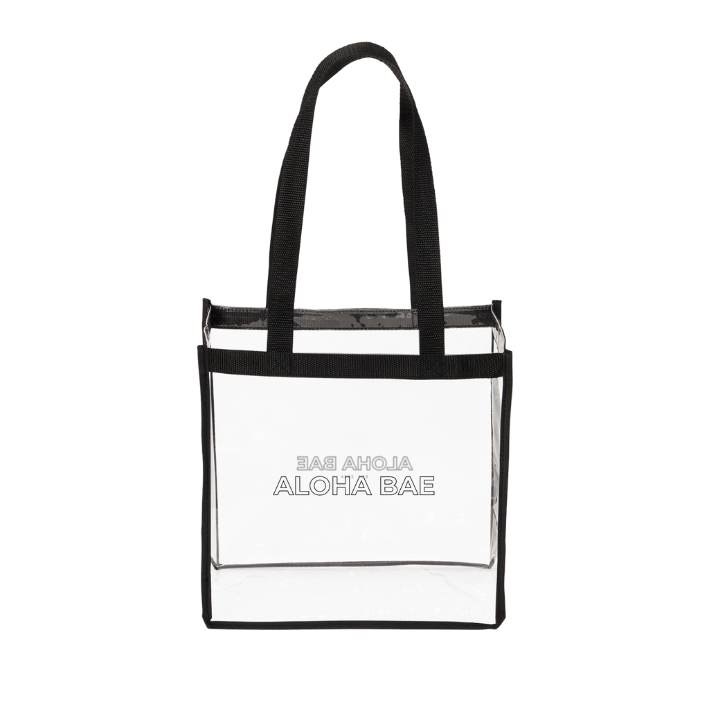 Clear PVC tote bag with aloha Bae design, stylish and transparent, ideal for casual outings and beach trips.