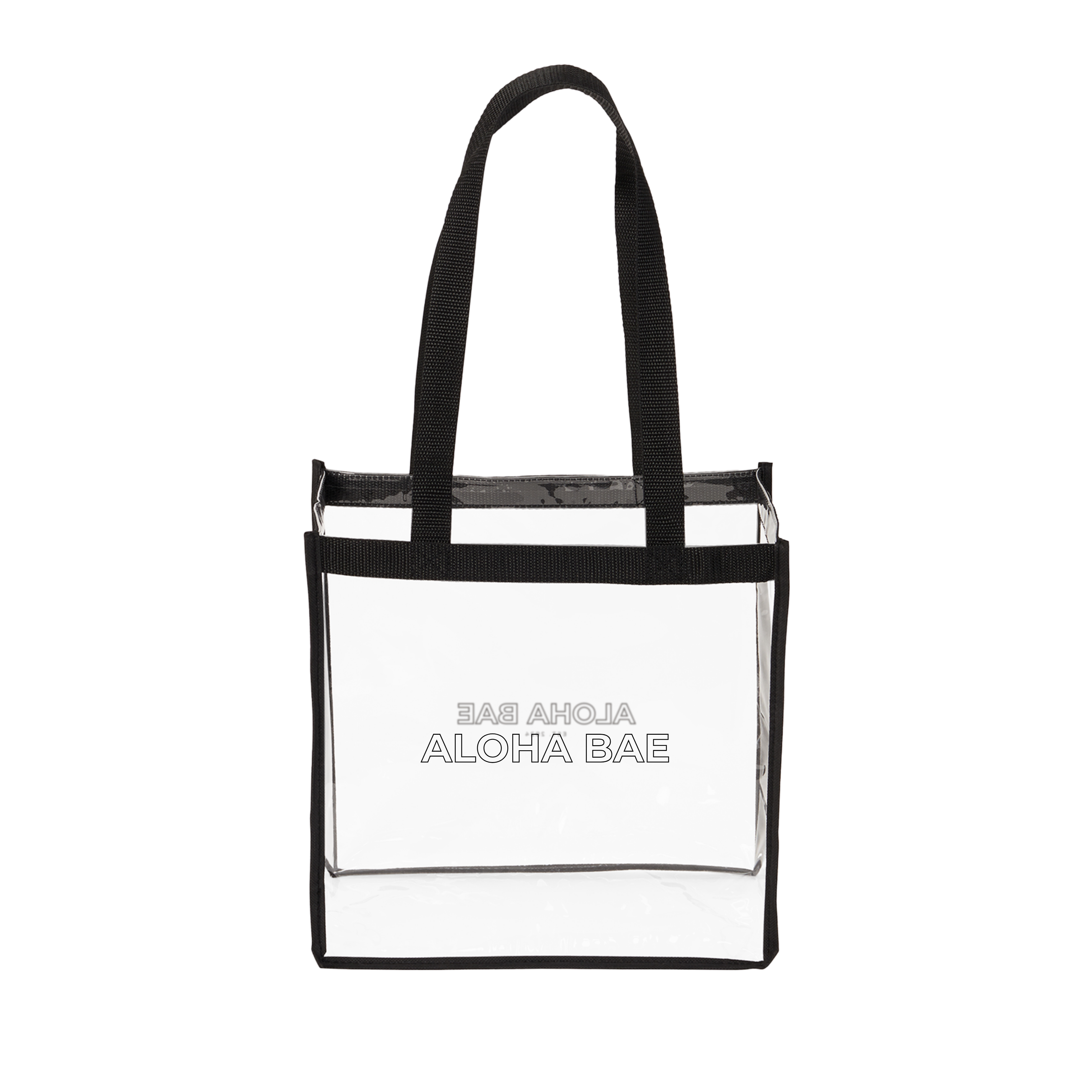 Clear PVC tote bag with aloha Bae design, stylish and transparent, ideal for casual outings and beach trips.