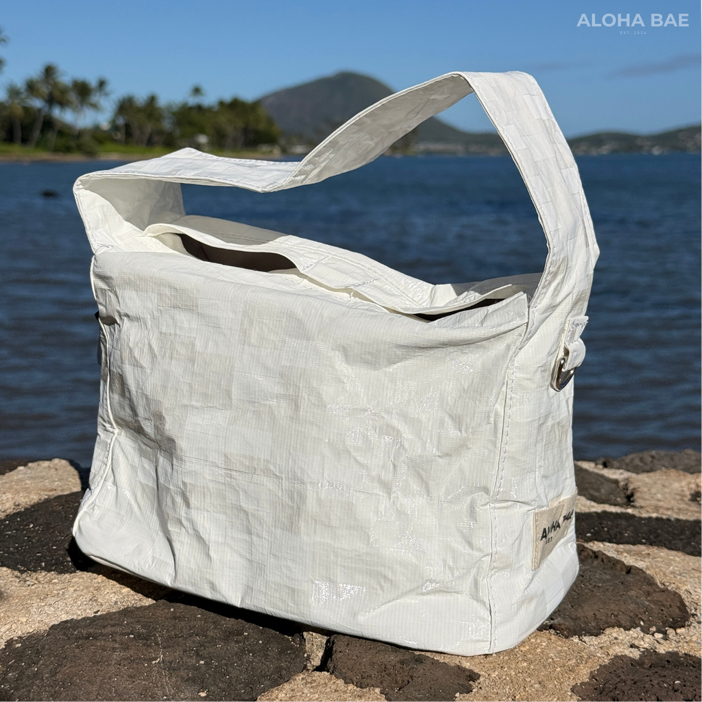 Aloha Bae white plaid hobo bag with adjustable shoulder strap and spacious interior, featuring a casual, stylish design.
