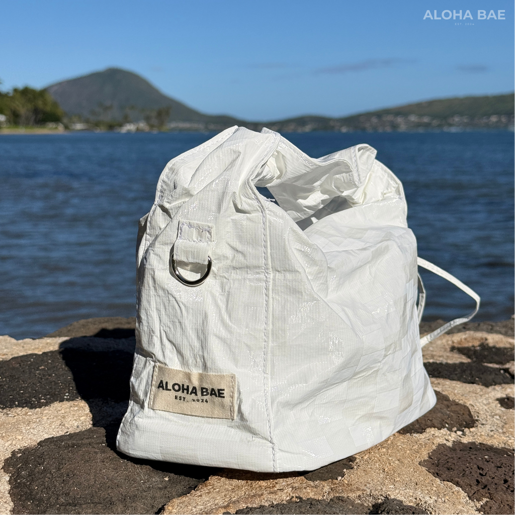 Aloha Bae white plaid hobo bag with shoulder strap, featuring a casual, stylish design and soft fabric texture.