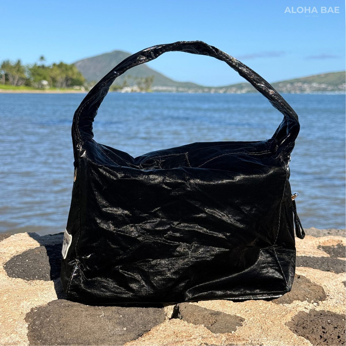 A black sheen hobo bag by Aloha Bae featuring a slouchy style and minimal design, perfect for casual and chic looks.