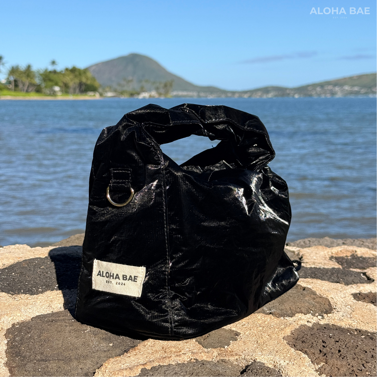 Aloha Bae black sheen hobo bag with a slouchy shape and shoulder strap, featuring sleek, shiny material and minimalist design.
