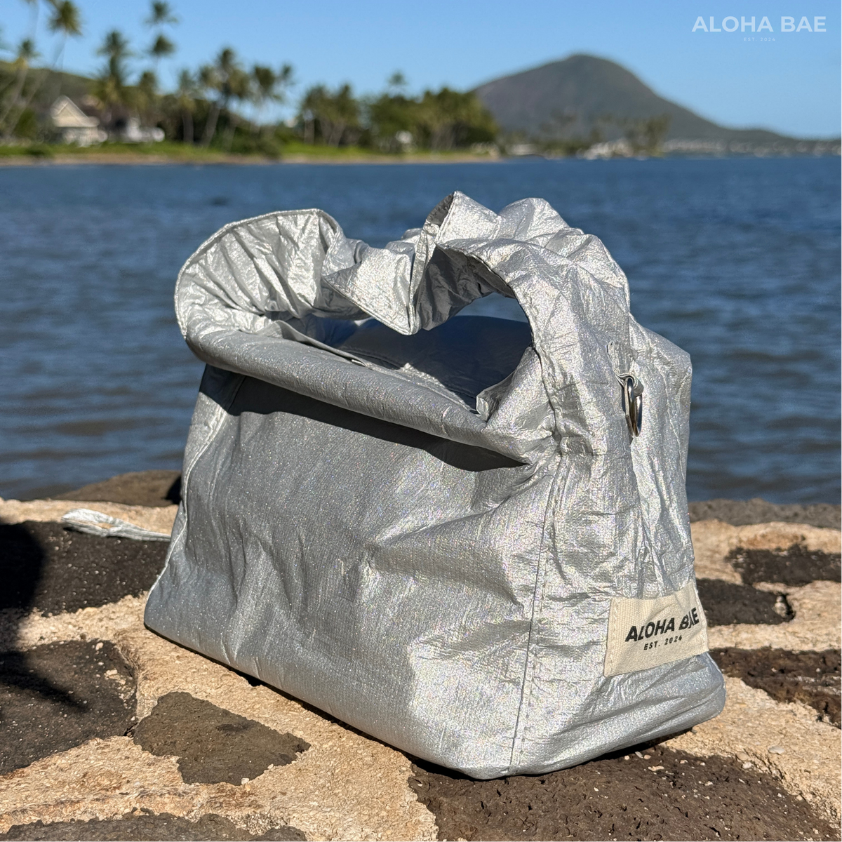 Silver Aloha Bae hobo bag with shoulder strap and soft textured material, stylish and spacious for everyday use.