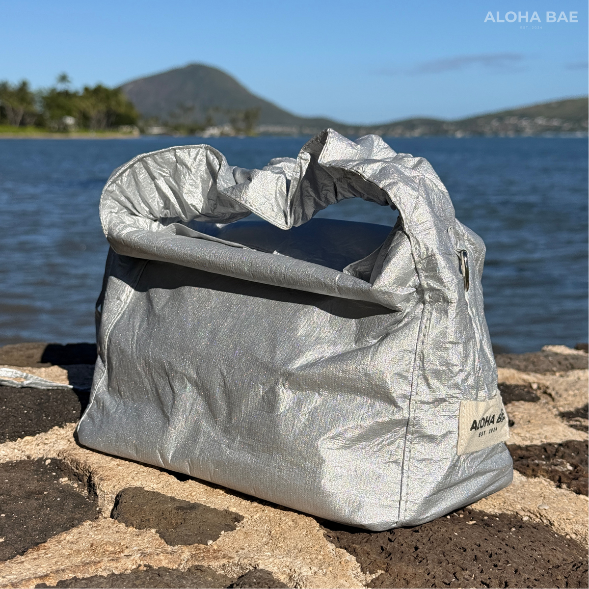Silver Aloha Bae hobo bag with shoulder strap and stylish design, made by alohabae, displayed on a plain background.