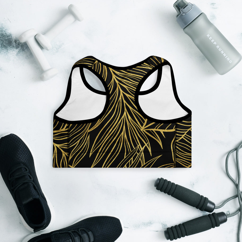 Gold Monstera Padded Sports Bra-Activewear-alohabae