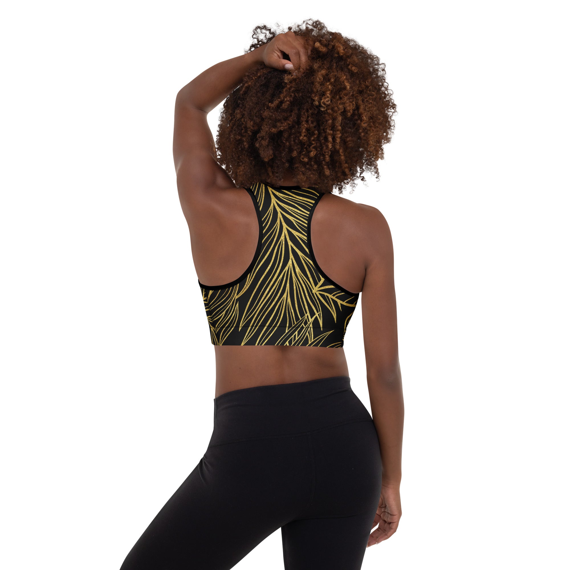 Gold Monstera Padded Sports Bra-Activewear-alohabae