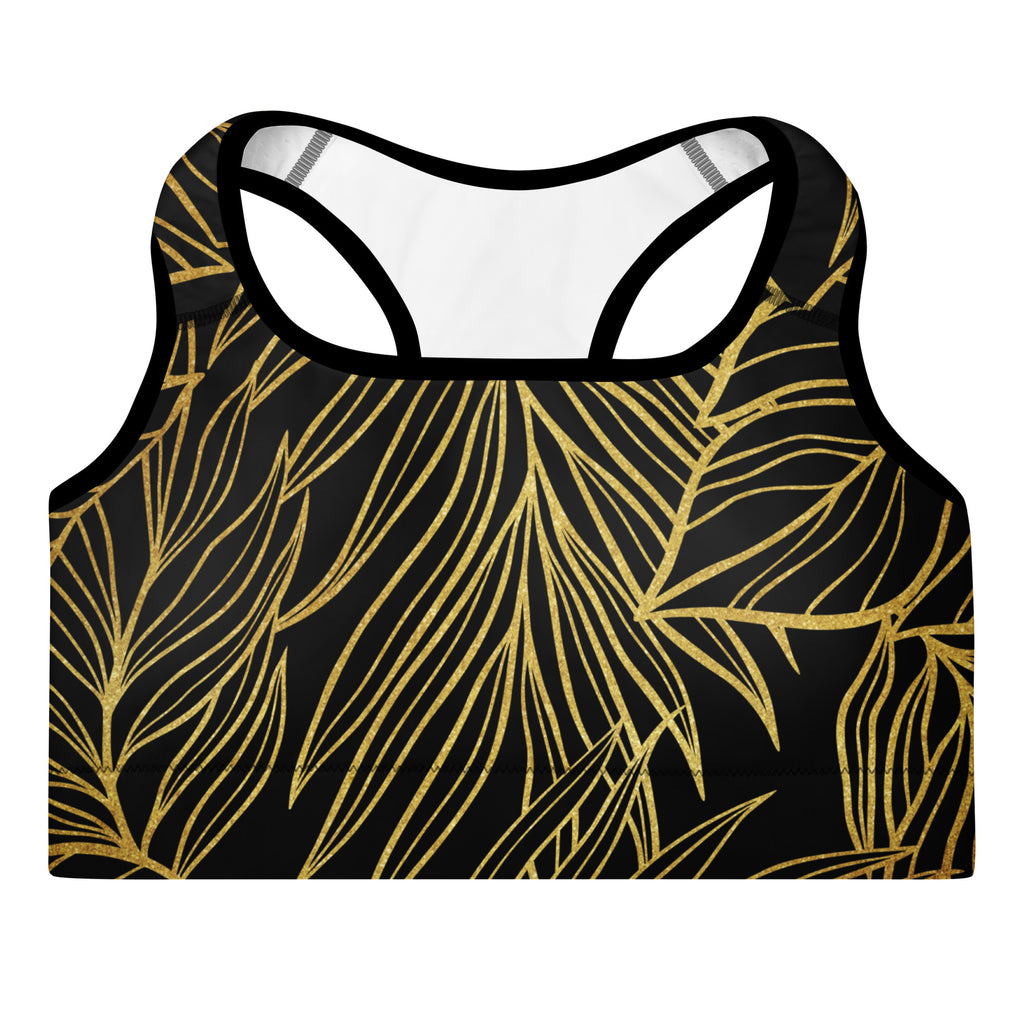 Gold Monstera Padded Sports Bra-Activewear-alohabae