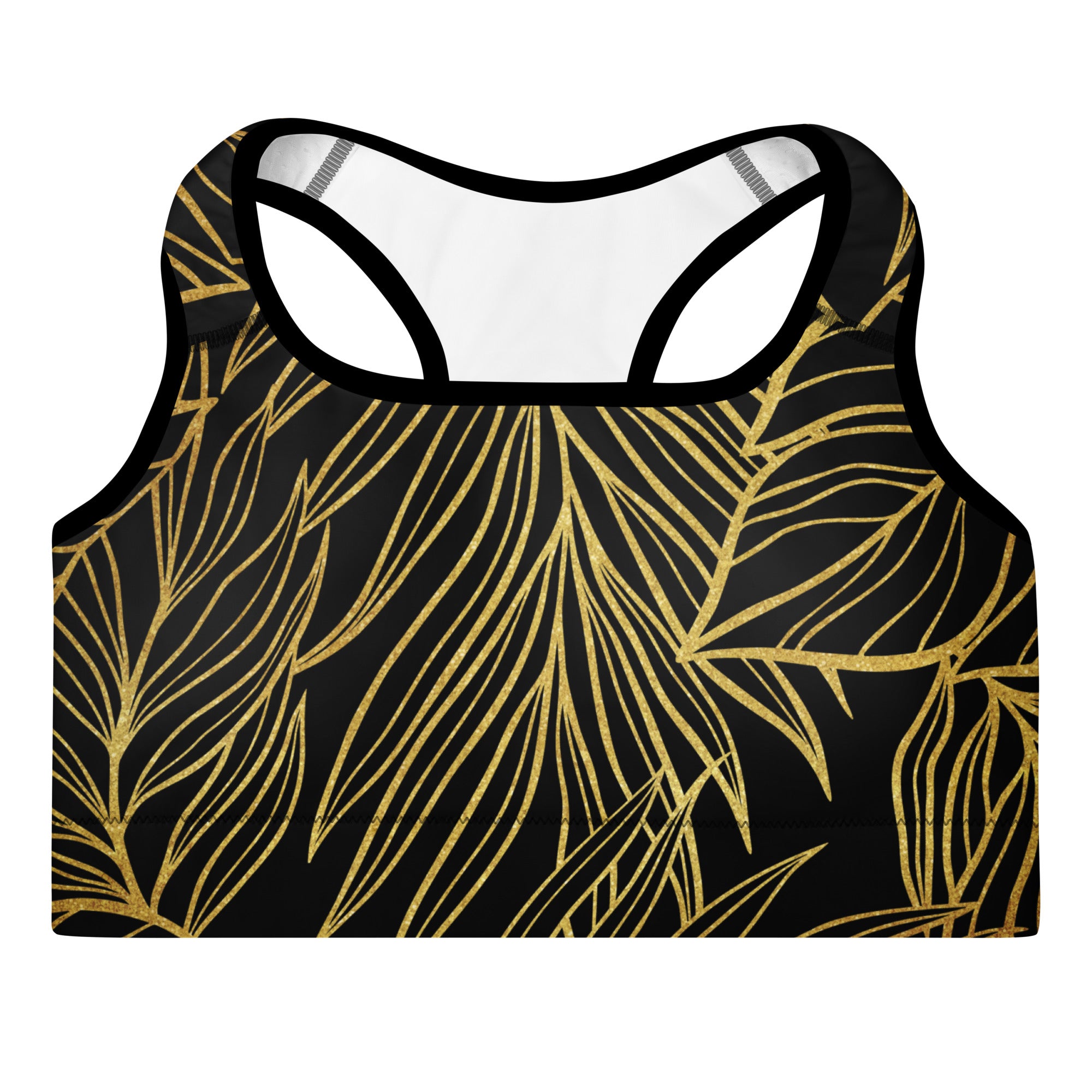 Gold Monstera Padded Sports Bra-Activewear-alohabae