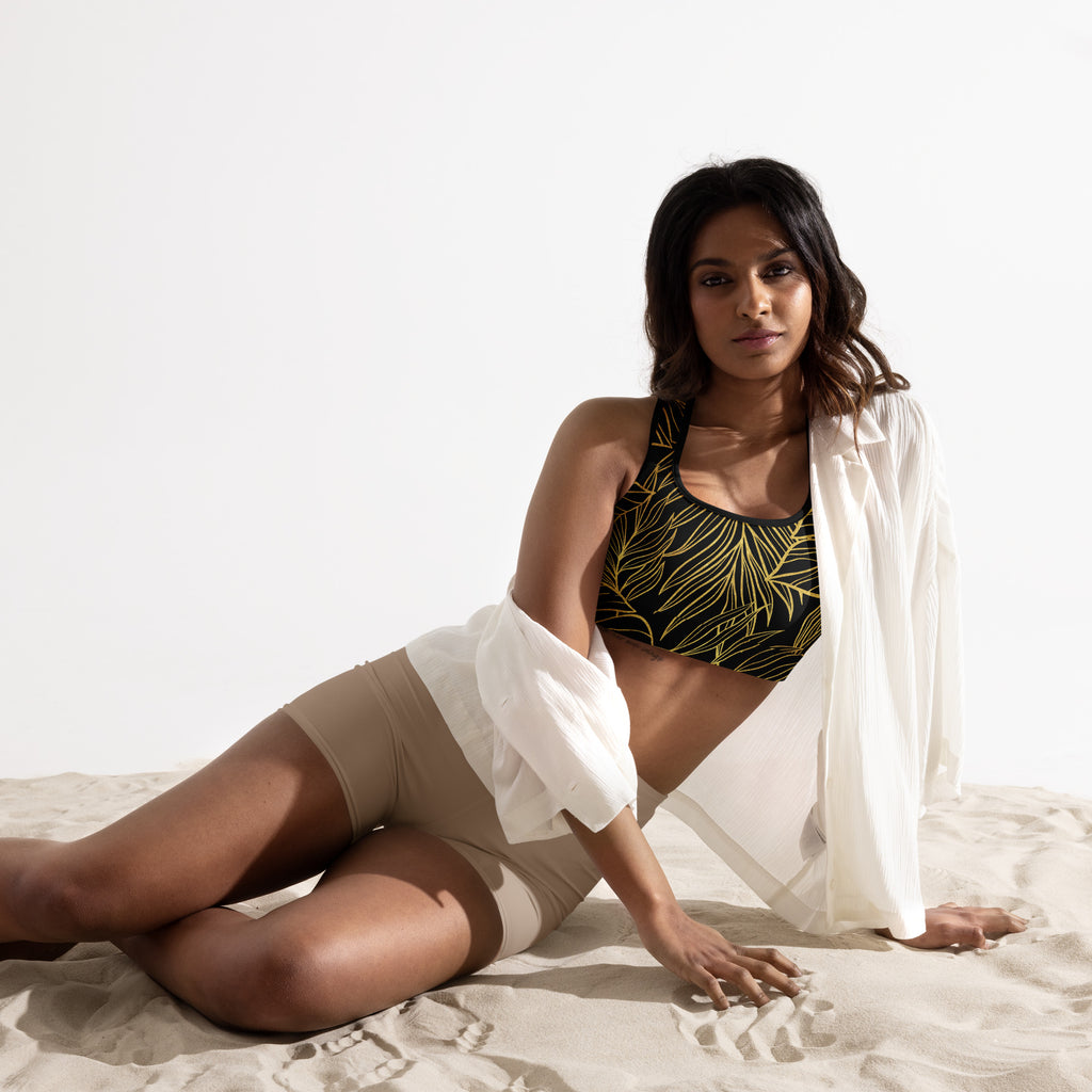 Gold Monstera Padded Sports Bra-Activewear-alohabae