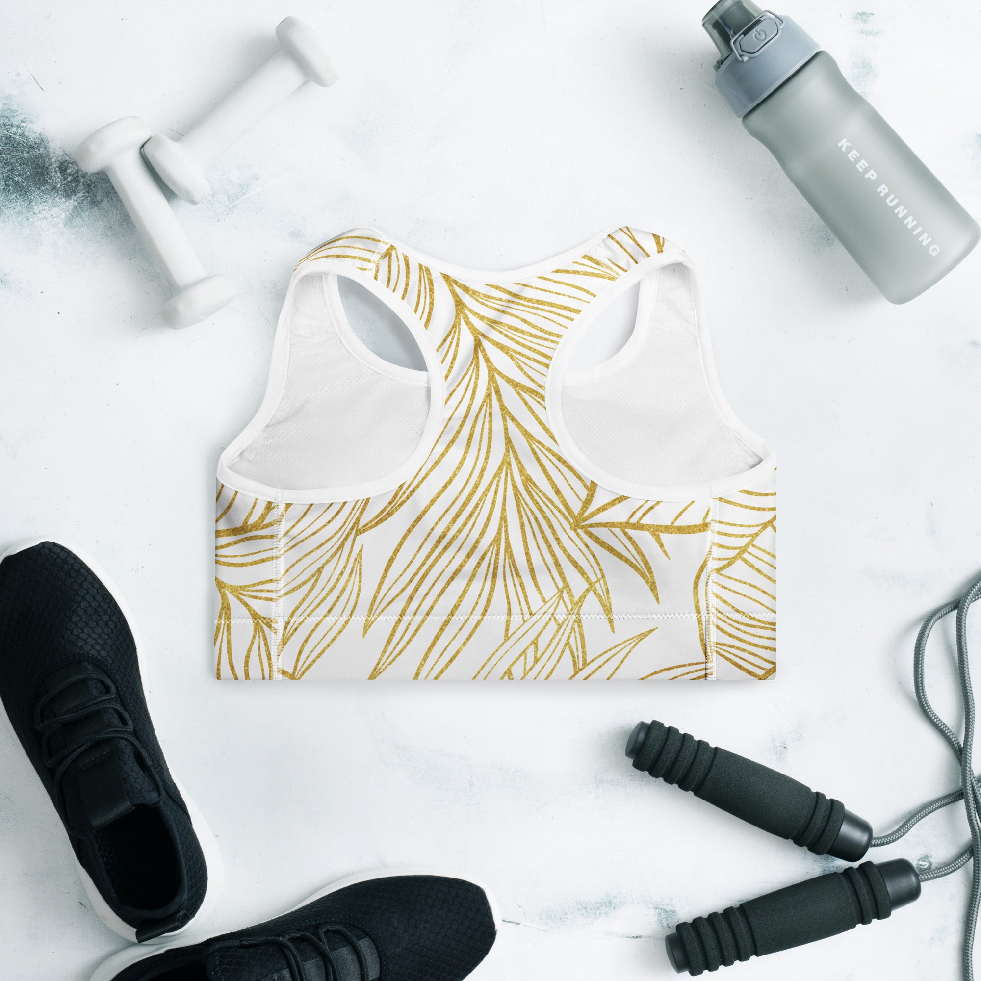 White Gold Monstera Padded Sports Bra-Activewear-alohabae