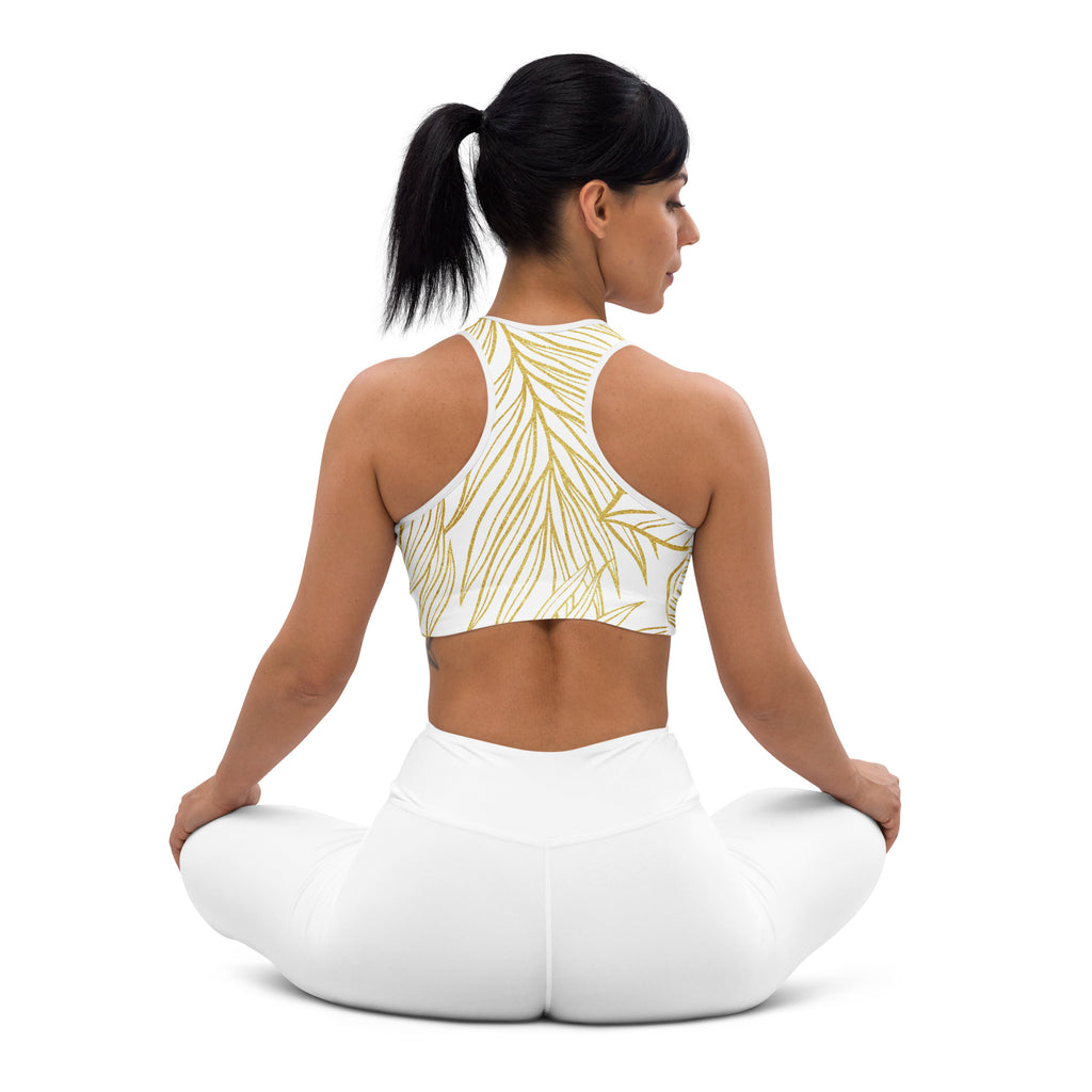 White Gold Monstera Padded Sports Bra-Activewear-alohabae