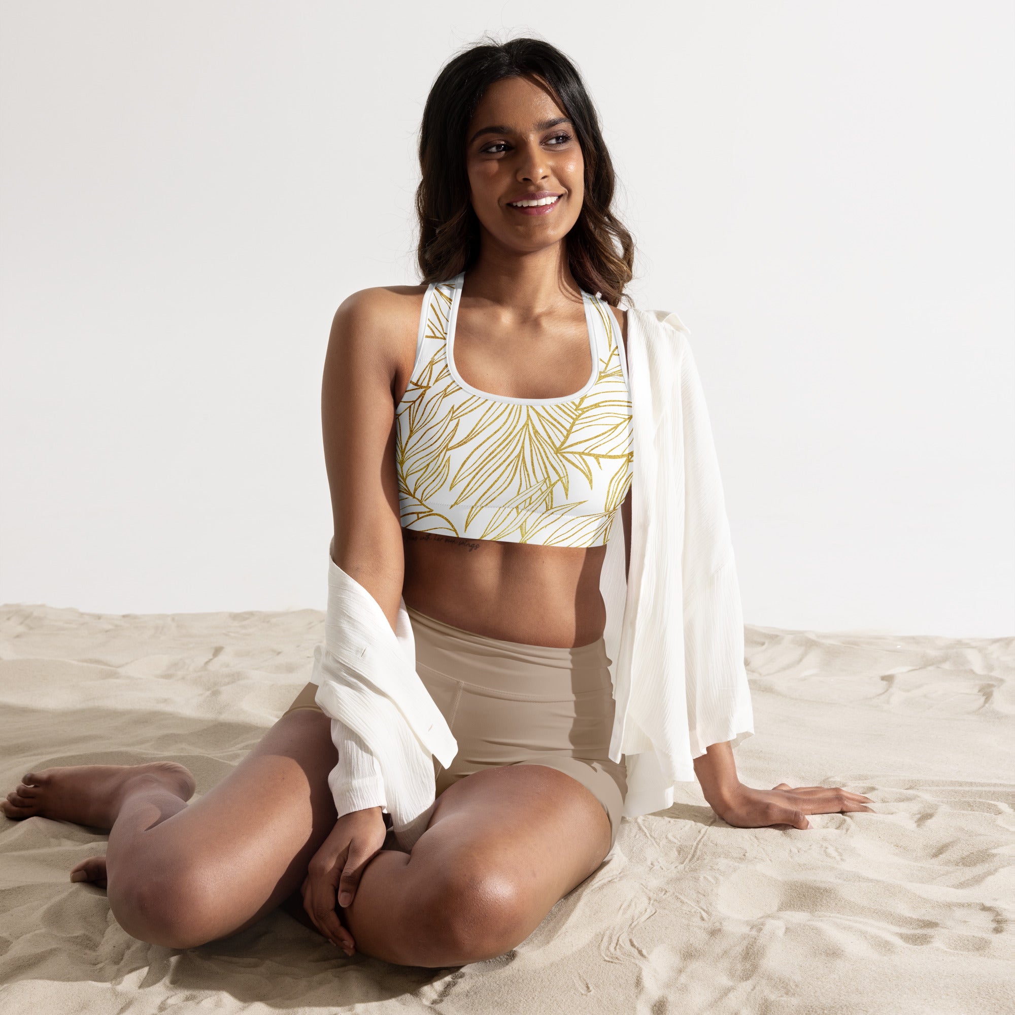 White Gold Monstera Padded Sports Bra-Activewear-alohabae