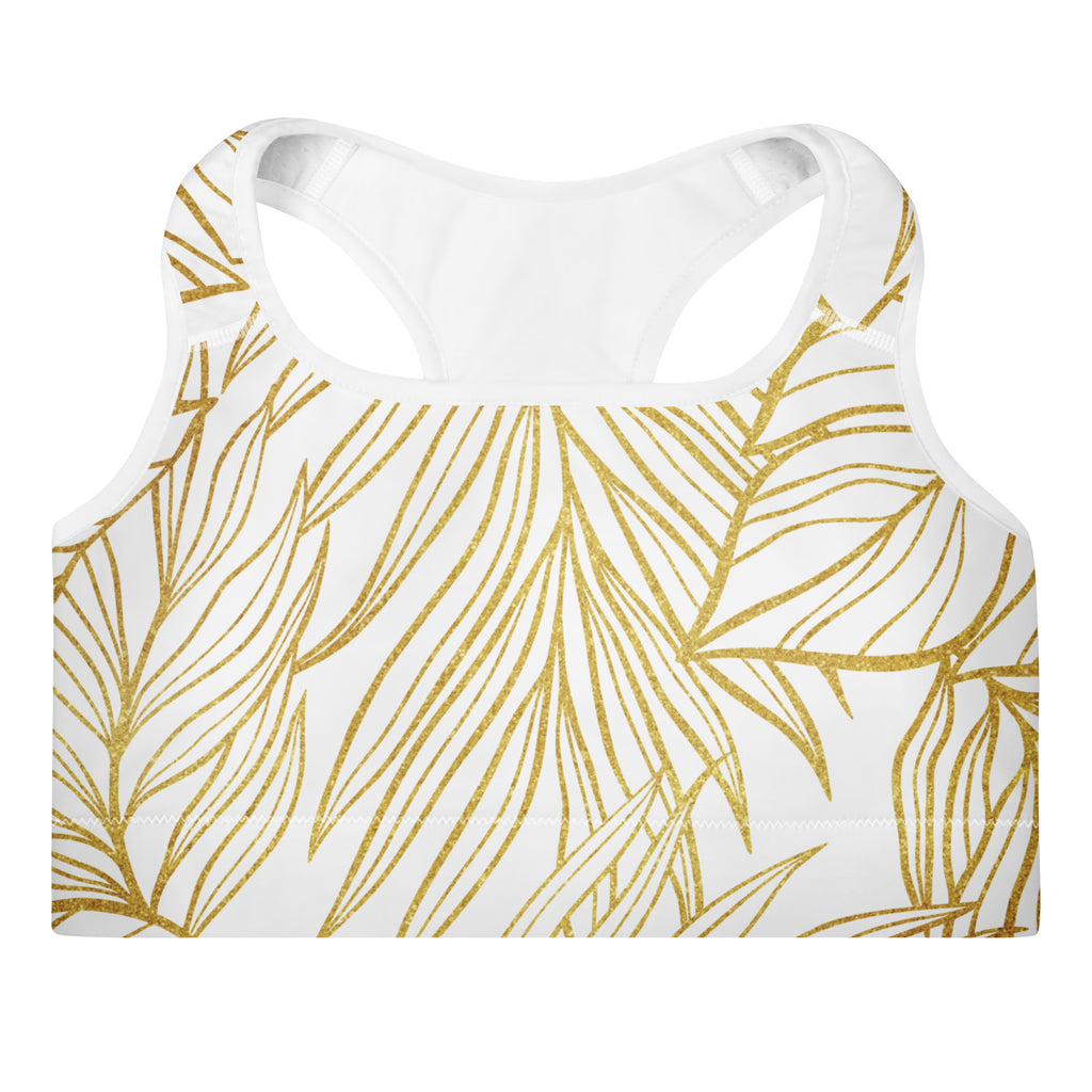 White Gold Monstera Padded Sports Bra-Activewear-alohabae