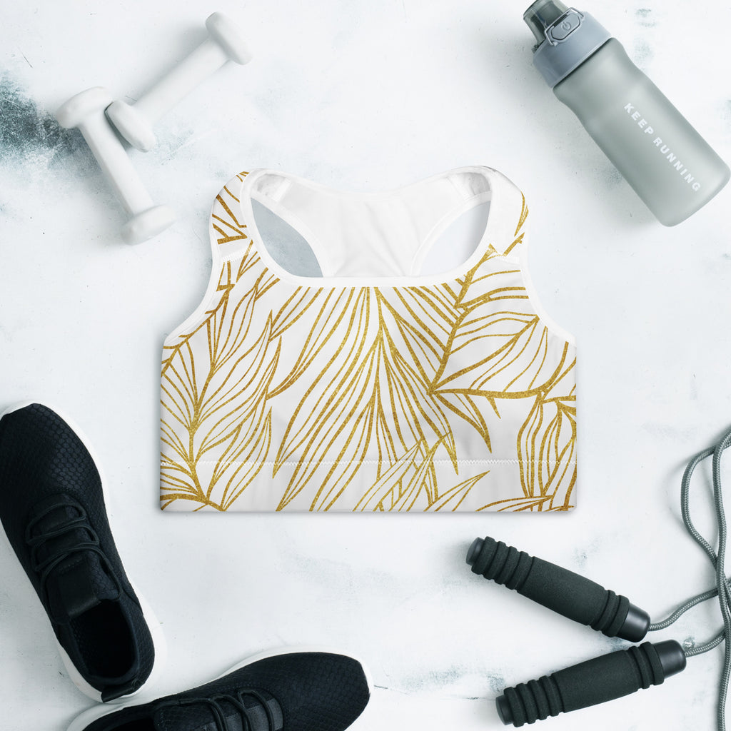 White Gold Monstera Padded Sports Bra-Activewear-alohabae