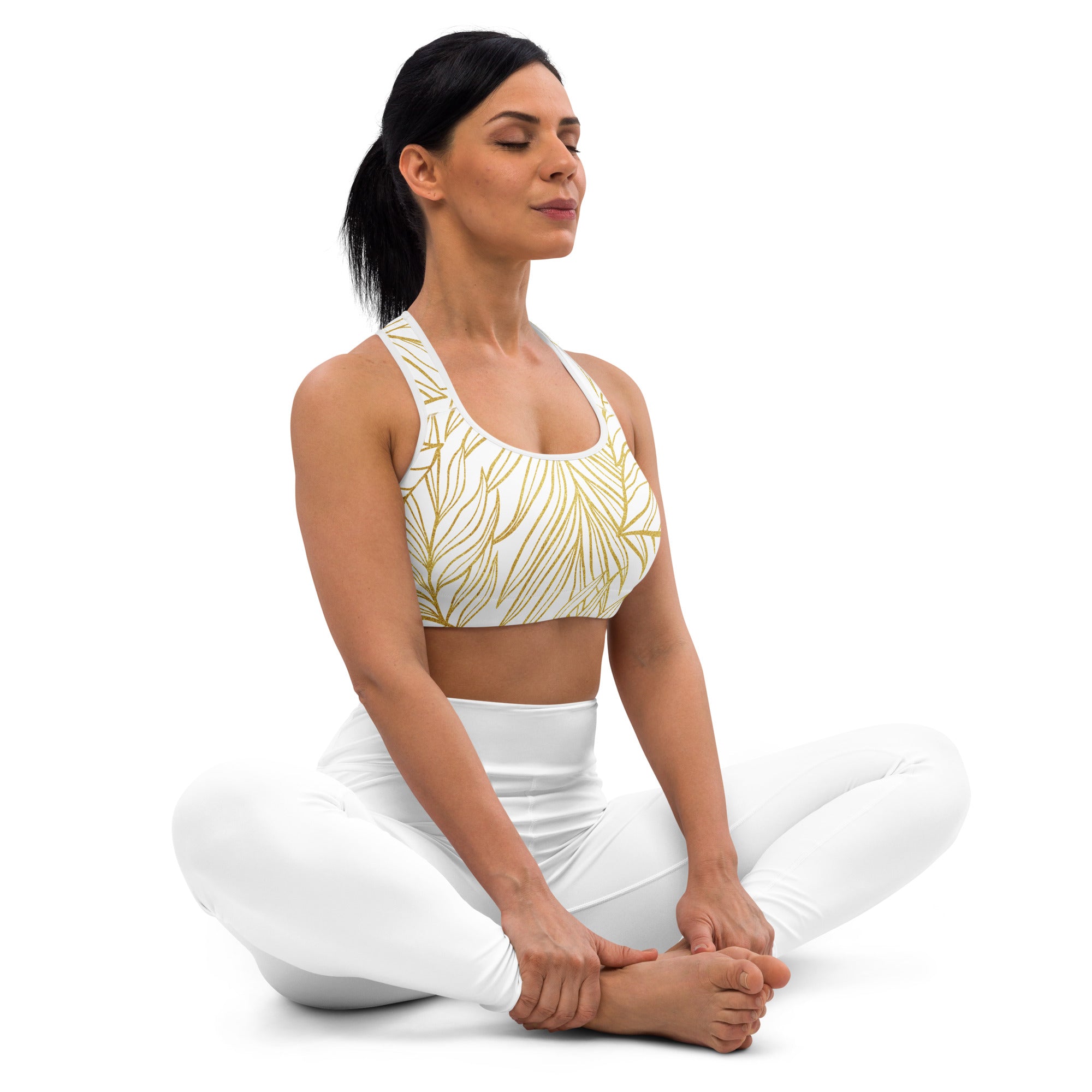 White Gold Monstera Padded Sports Bra-Activewear-alohabae