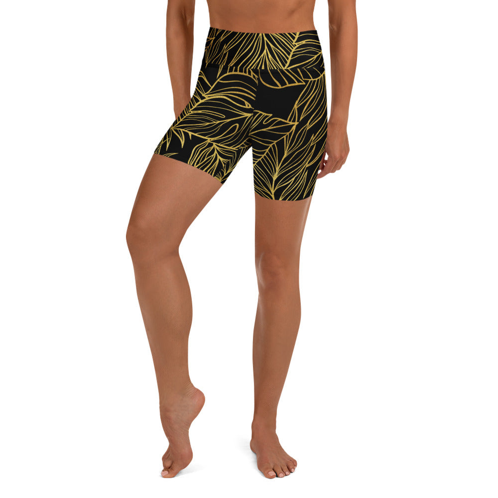Black Gold Monstera Yoga Short-Activewear-alohabae