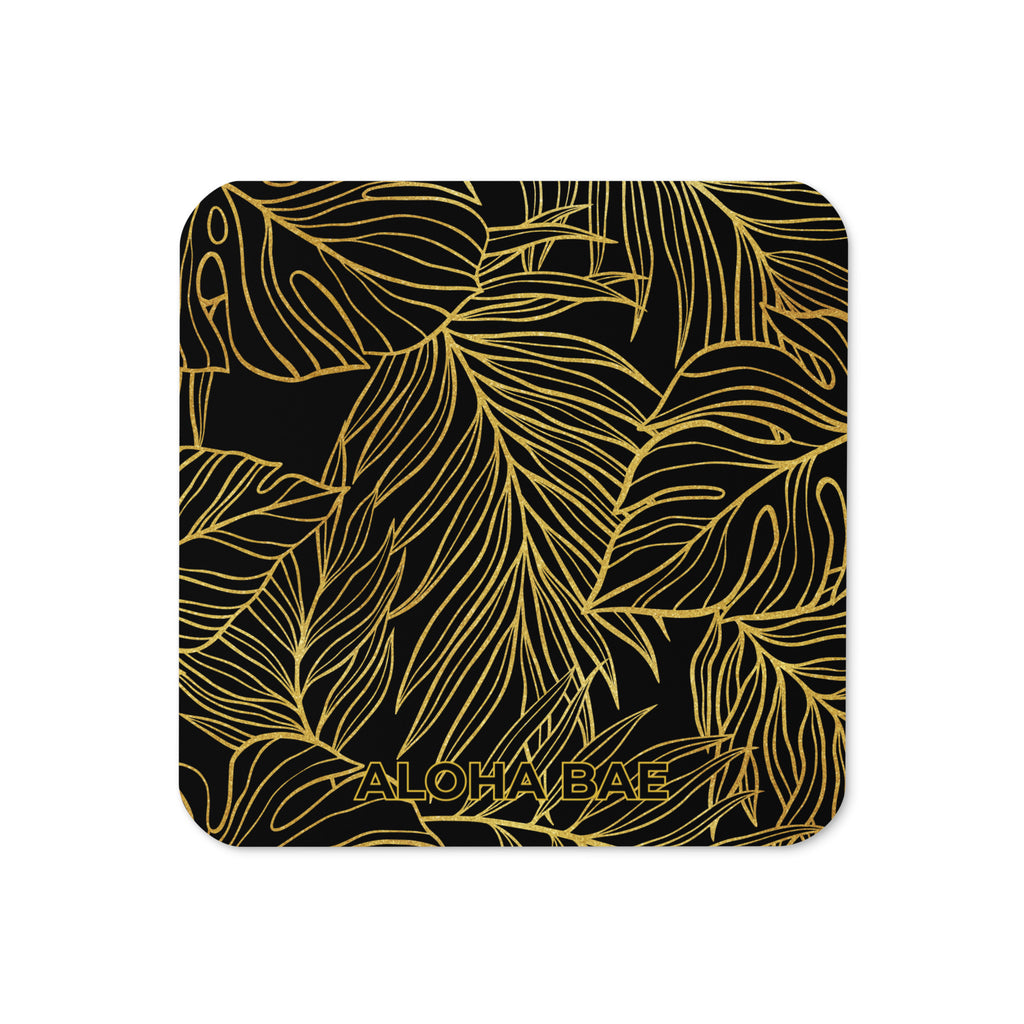 Alohabae Black Gold Monstera cork-back drink coaster featuring a stylish monstera leaf design on cork material.