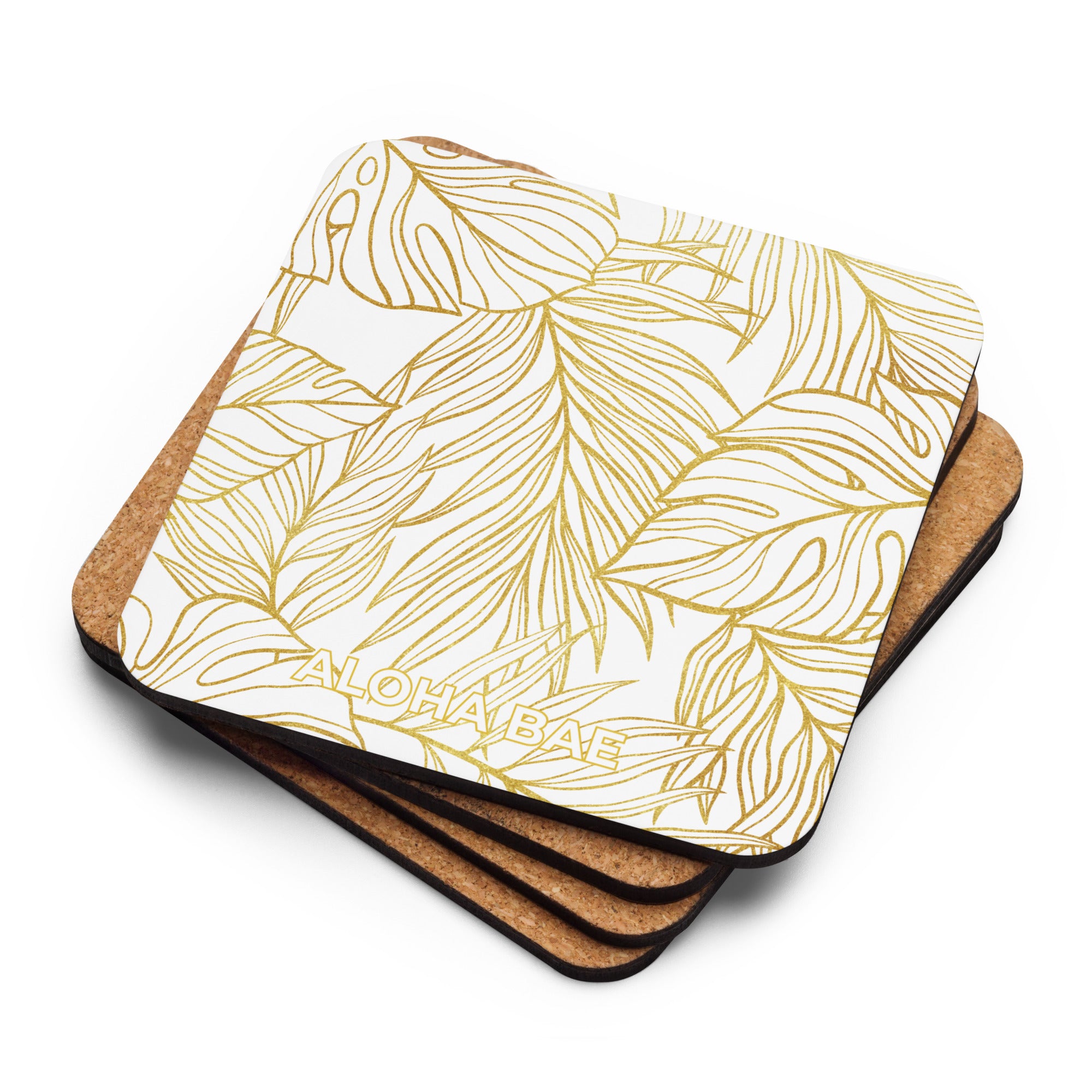 AlohaBae white gold monstera cork-back drink coaster featuring a tropical monstera leaf design on cork backing.