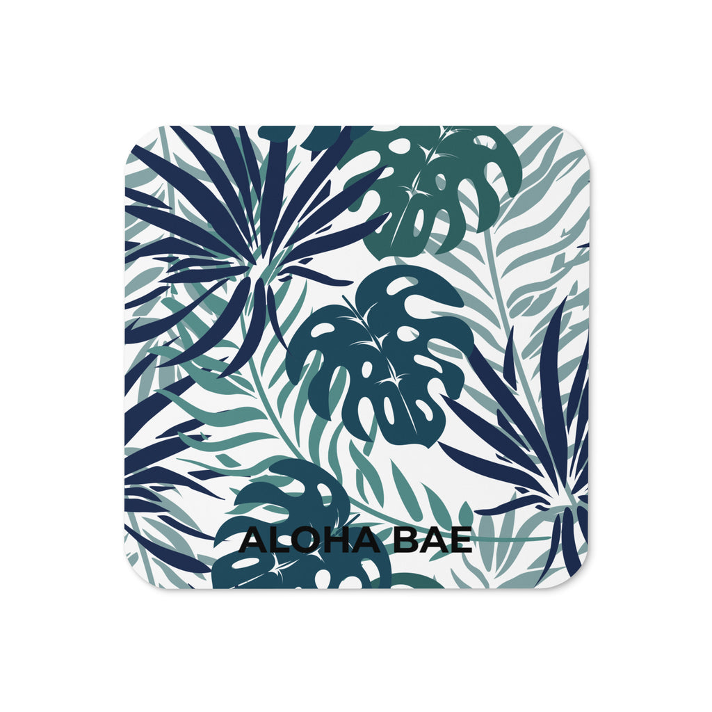 Sea green Tropics cork-back drink coaster by alohabae featuring tropical leaf design on cork surface.