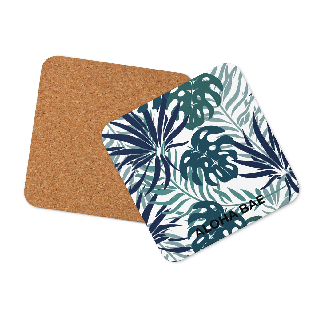 Sea green Tropics cork-back drink coaster by alohabae with tropical pattern, featuring a cork bottom and vibrant design.
