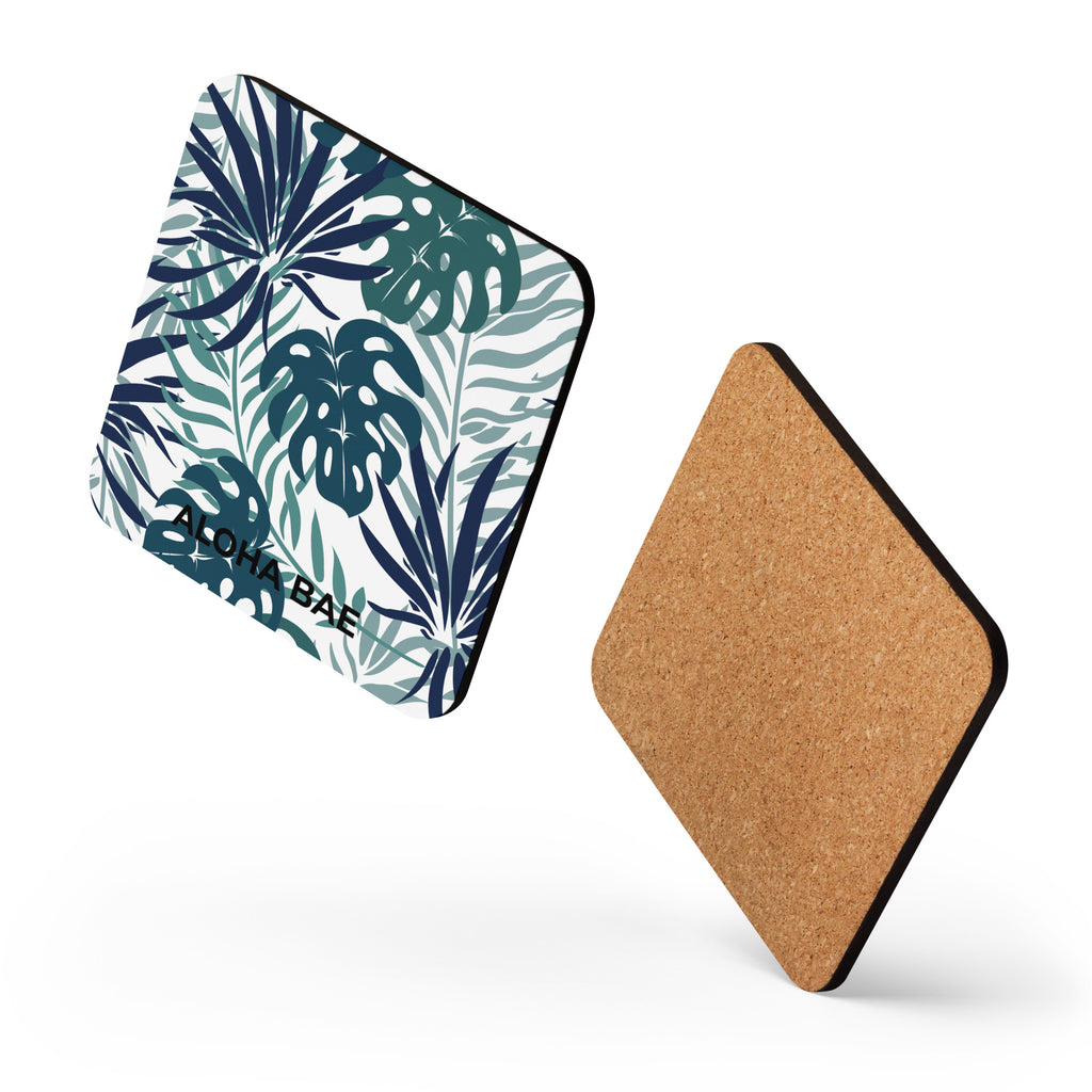 Sea green Tropics cork-back drink coaster by Alohabae with a tropical design and cork backing, ideal for protecting surfaces.