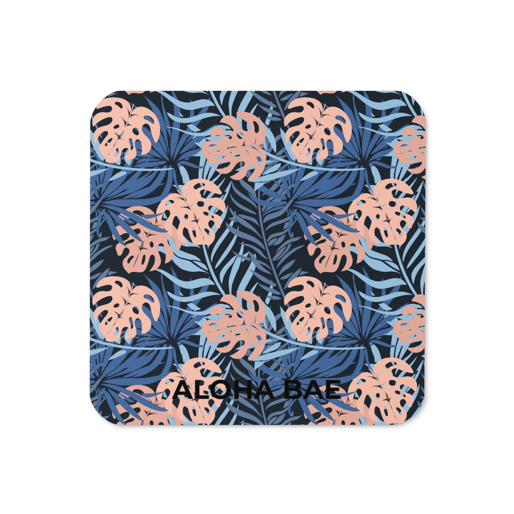 Alohabae Midnight Tropics cork-back drink coaster with tropical design on cork surface and non-slip backing.