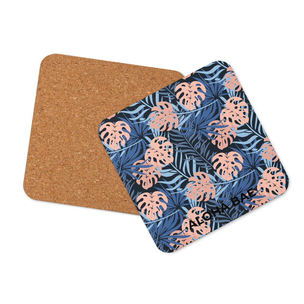 Alohabae Midnight Tropics cork-back drink coaster featuring vibrant tropical leaf design on cork surface.