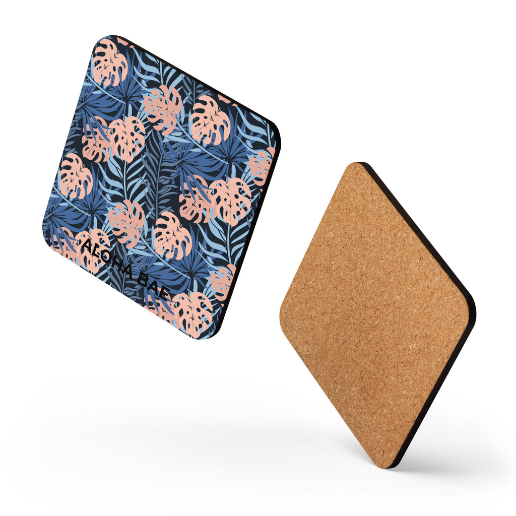 Alohabae Midnight Tropics cork-back drink coaster with tropical design, featuring a cork backing and colorful artwork for beverage protection.