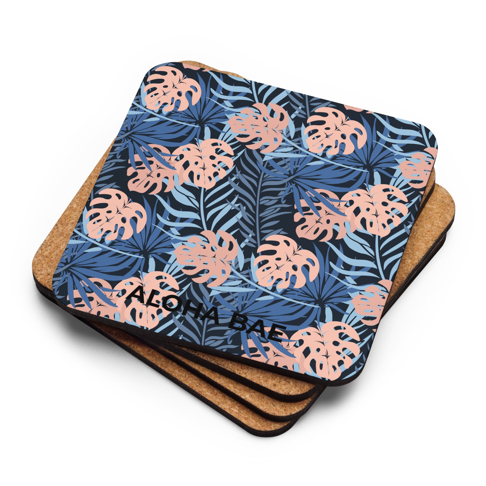 Alohabae Midnight Tropics cork-back drink coaster with tropical design, showing a detailed, colorful pattern on the front.