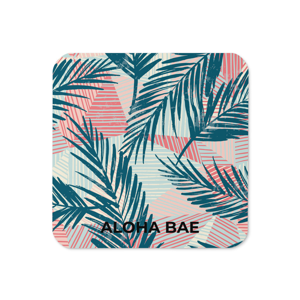 Alohabea Retro Tropics cork-back drink coaster with colorful tropical design on a flat surface.