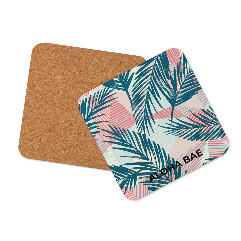 Alohabae Retro Tropics cork-back drink coaster with colorful tropical design and cork backing for protection.