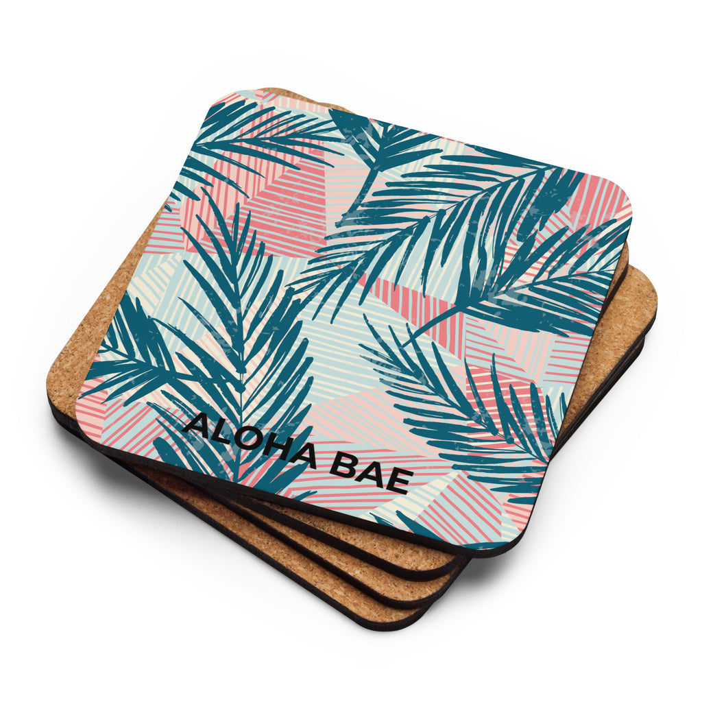 AlohaBae Retro Tropics cork-back drink coaster with colorful tropical pattern and sturdy cork backing for protection.