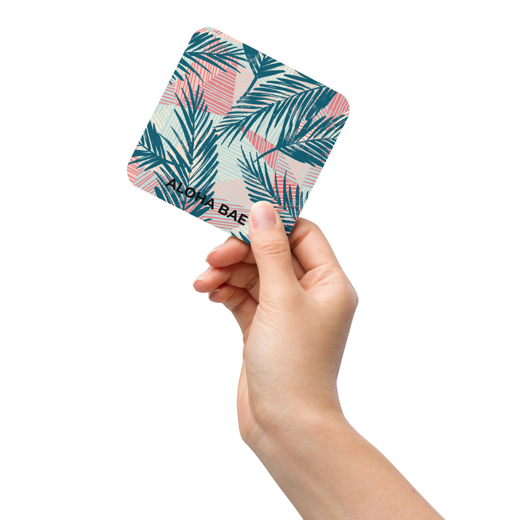 Alohabea Retro Tropics cork-back drink coaster with colorful tropical design and cork underside, perfect for protecting surfaces.