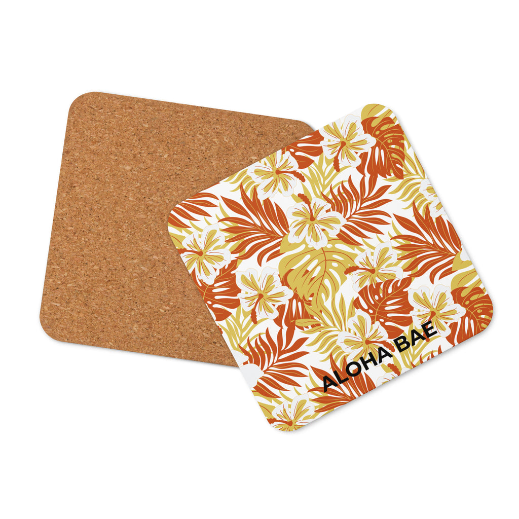 Alohabae Red Tropics cork-back drink coaster with tropical design, featuring vibrant colors and a cork backing for protection.