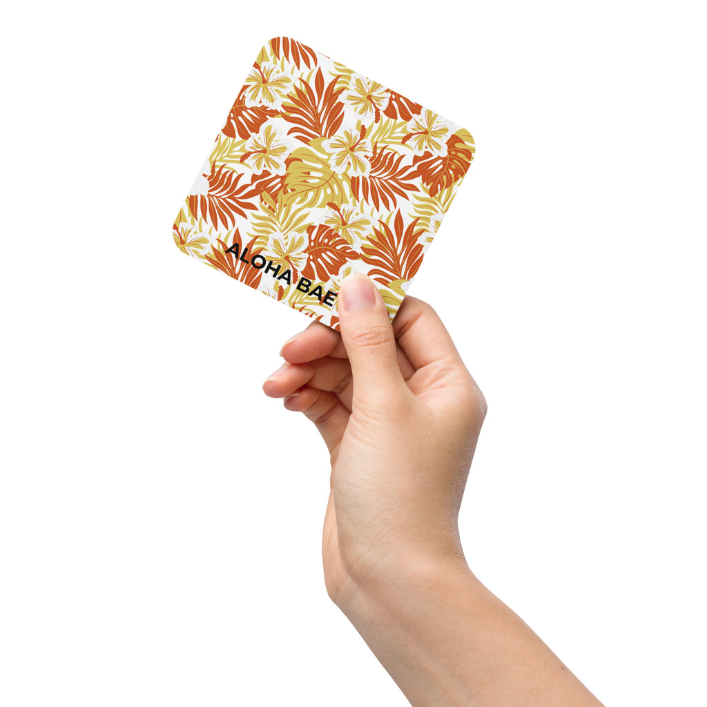 Alohabea Red Tropics cork-back drink coaster with vibrant tropical design and cork backing for tabletop protection.