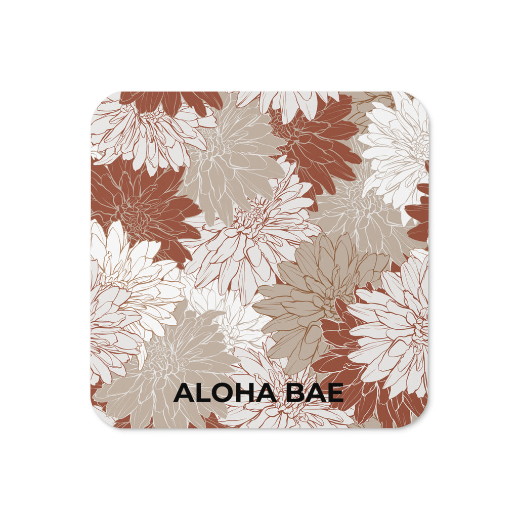 Alohabea red floral cork-back drink coaster with vibrant floral design and cork backing, featuring a smooth surface for drink placement.