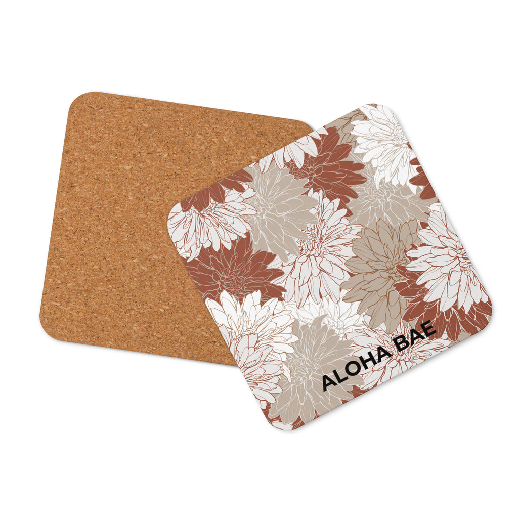 AlohaBae red floral cork-back drink coaster with vibrant floral pattern and durable cork backing, designed for beverage protection.
